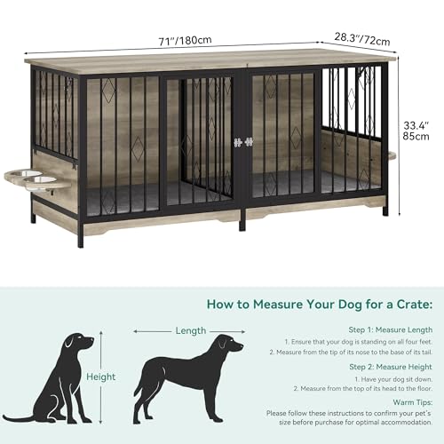 YITAHOME 71" Double Dog Crate Furniture with Divider, Wooden Large Dog Kennel with Flip-Top&4 Rotatable Bowls&2 Cushions, Dog Crate Furniture TV Stand for Medium Large Dogs, Grey YITAHOME