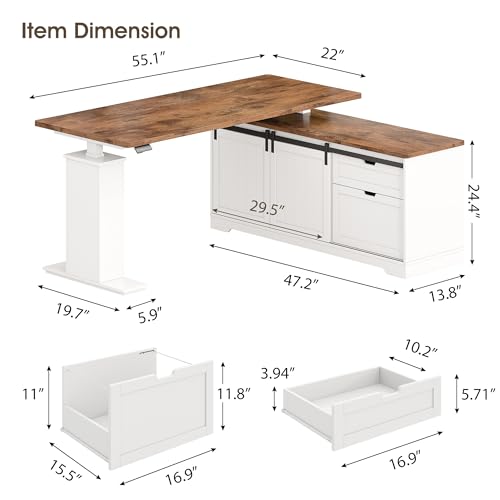 Whalefall L Shaped Standing Desk with Drawers, Height Adjustable Farmhouse Executive Computer Desk, Corner Desk with Cable Management and File Storage for Home Office, White Whalefall