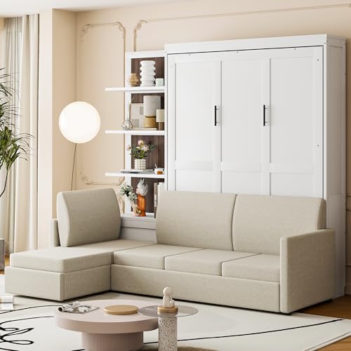 JIVOIT Queen Size Murphy Bed with Sofa, Space-Saving Wall Bed with Shelves, Murphy Chest Bed Can Be Folded Into A Cabinet, Hidden Murphy Bed Chest for Home Office (White/468) JIVOIT