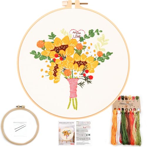 FONNUY Bouquet Flowers Embroidery Kit Love Mom for Beginners, Pre-Stamped Pattern Kits for Adults with Hoop, Easy to Follow Color Thread Needlework, 8'' Hoop (Sunflowers)