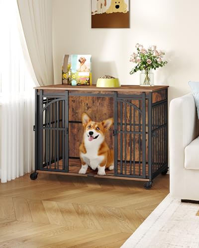 Hzuaneri 37.4" Dog Crate Furniture with Wheels, Wooden Pet Cage Indoor with Barn Door, L Dog Kennel Heavy Duty, Decorative Pet Crate for Small/Medium Dogs, End Table TV Stand, Rustic Brown DFC86201B Hzuaneri