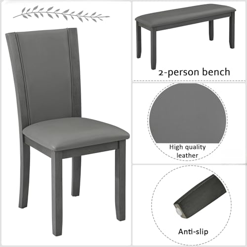 Trygoal Dining Table Set for 6, Farmhouse 6 Piece Dining Room Table Set with Rectangular Table, 4 Upholstered Backrest Chairs and Bench, Counter Height Kitchen Sets with Warm Woodgrain Finish, Gray Trygoal