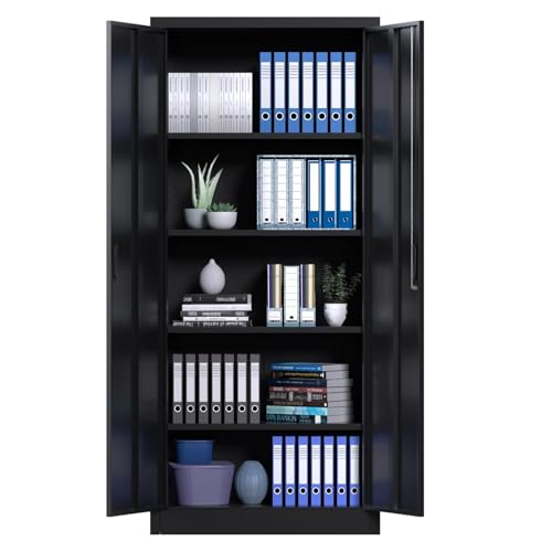 71" Metal Storage Cabinet with Doors, Lock and 4 Adjustable Shelves, Tall Pantry Cabinet for Garage, Office, Bedroom, Shop, Craft Room, Steel Storage Organizer with Adjustable Feet,Black GAOMON