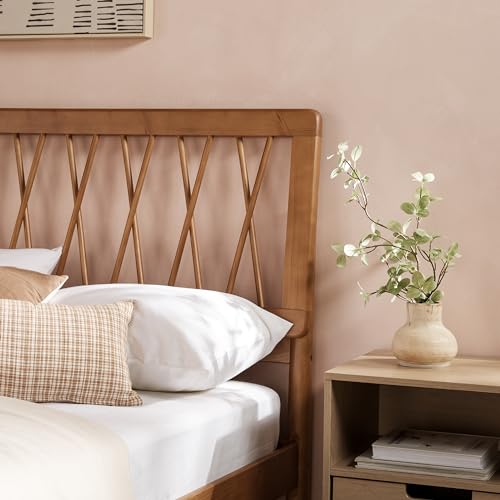 Walker Edison Full Transitional Geometric X Pattern Headboard Solid Wood Bed, Full Size, Caramel - WoodArtSupply