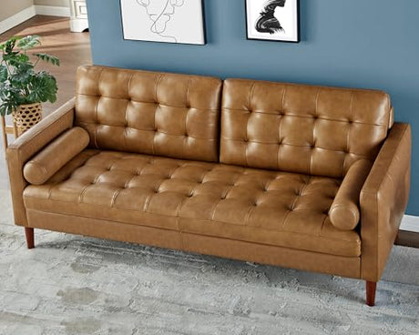 AMERLIFE Leather Sofa, Mid-Century Modern Genuine Leather Sofa, 3 Seater Comfy Couch for Living Room Home Office -Brown Leather Sofa Couch AMERLIFE