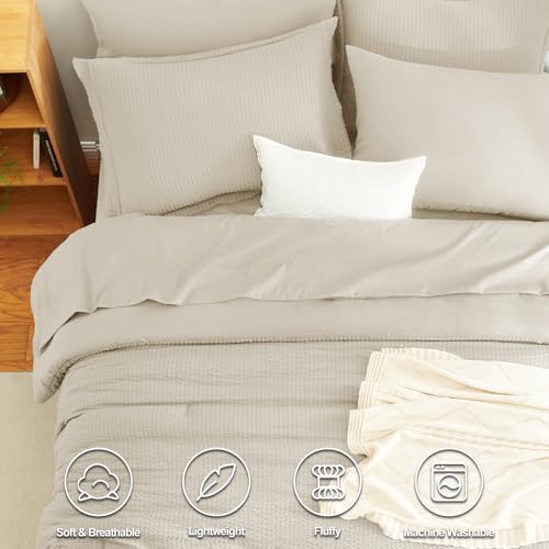 CozyLux Queen Comforter Set Beige - 7 Pieces Striped Seersucker Bed in a Bag, Soft Lightweight Boho Bedding Set with All Season Comforters Queen Size, Sheets, Pillowcases & Shams CozyLux