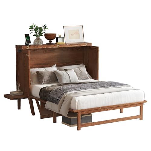 DNChuan Murphy Bed Cabinet with Storage Desktop,Murphy Bed Desk Combo with USB-Port,2 Pull-Out Shelves,Foldable Platform Bed for Guest Room,Full Size,Walnut DNChuan