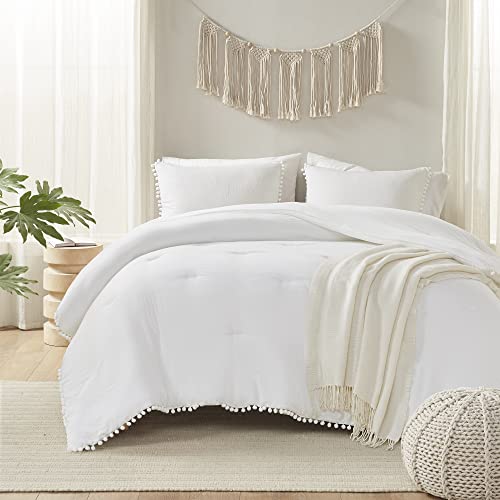 Codi White Boho Twin Comforter Set for Girls, Aesthetic Luxurious Pom Fringe Design Bedding,Cute Soft Washed Microfiber Bed Sets, Lightweight Chic,1 Comforter & 1 Pillowcase Codi