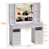 Wildhome Vanity with Mirror and Light, Vanity with Glass Top and 9 Drawers, Dresser Set with Storage Bench, Adjustable Brightness Dresser (White, Glass Table-B) Wildhome