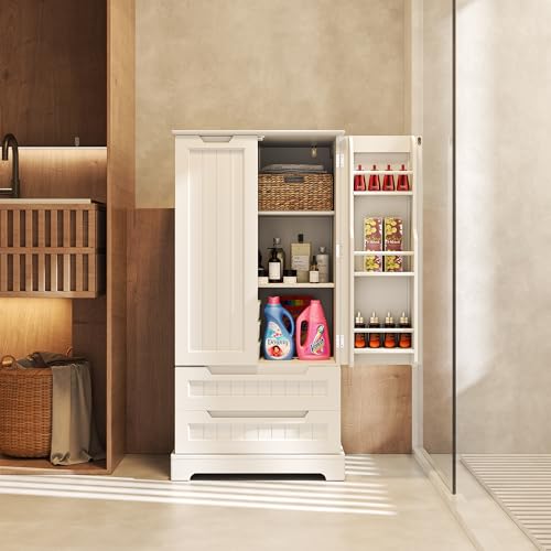 Gizoon 47" White Kitchen Pantry Storage Cabinet with Doors, Shelves, and Drawers for Organised Living - WoodArtSupply