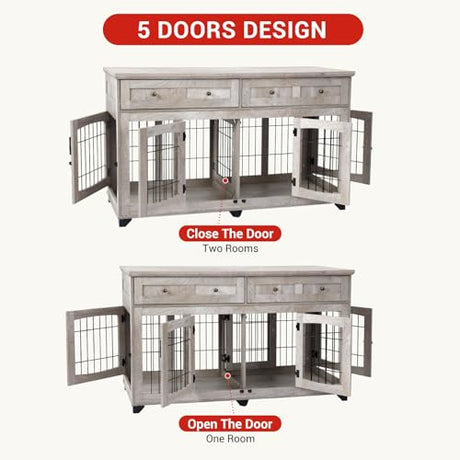 Large Dog Crate Furniture, Double Dog Kennel Furniture with 2 Drawers and Removable Divider, XXL Heavy Duty Wood Dog Crate Table for 2 Dogs Indoor (Gray, 58 in) GarveeHome