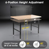 60" Adjustable Work Bench with Drawers, Workbench for Garage with Strip Light, Work Table with Large Pegboard, 2000 LBS Heavy Duty Table with Power Outlet Rubber Wood for Office, Workshop FIXCHIGO