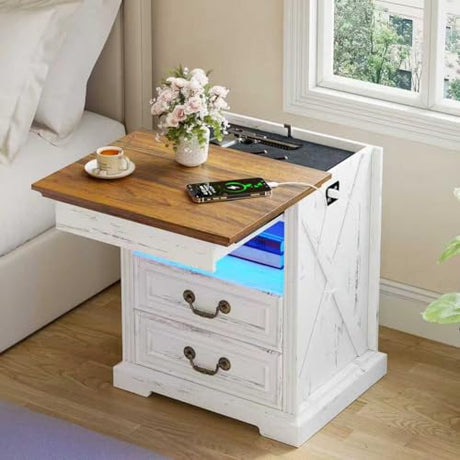 Dystler Night Stand with Gun Drawer, Bedside Table with LED Light & Human Sensor, Nightstand Gun Safe with 2 Drawers for Bedroom, Farmhouse End Table with Charger Station, Antique White Dystler