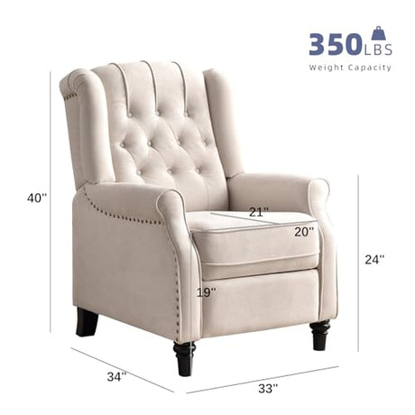 EBELLO Push Back Recliner Chair, Fabric Accent Chair Pushback Recliner with Rivet Decoration, Button-Tufted Back, Mid Century Wingback Armchair for Living Room, Bedroom, Beige EBELLO