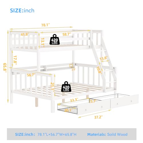 FJTJBSI Solid Wood Bunk Bed with Charging Station and LED Lights Detachable Bunk Bed Twin Over Twin with 2 Storage Drawers Full Size Bed Frame with Guardrail and Ladder for Kids Adults Bedroom FJTJBSI