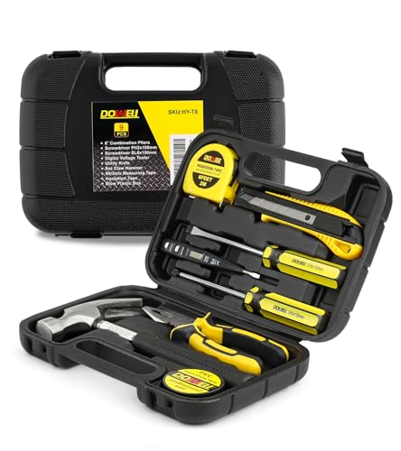 DOWELL Small Homeowner Tool Set 9 Pieces General Household Small Hand Tool Kit with Plastic Tool Box Storage Case DOWELL