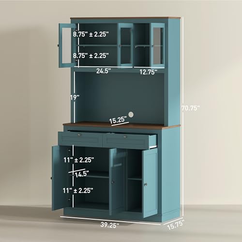 HOMCOM 71" Kitchen Pantry Cabinet, Freestanding Kitchen Hutch with Microwave Stand, 2 Drawers and Adjustable Shelves, Bar Cabinet with Glass and Recessed Doors for Dining Room, Green HOMCOM