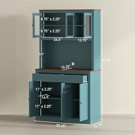 HOMCOM 71" Kitchen Pantry Cabinet, Freestanding Kitchen Hutch with Microwave Stand, 2 Drawers and Adjustable Shelves, Bar Cabinet with Glass and Recessed Doors for Dining Room, Green HOMCOM