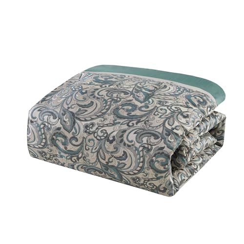 Madison Park 24 Piece Faux Silk Paisley Queen Comforter Set with Matching Curtains, Down Alternative Hypoallergenic - Teal, Queen (90 in x 90 in) Madison Park