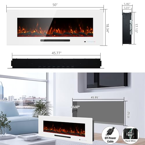 Dreamflame 50" Electric Fireplace, Recessed & Wall Mounted Fireplace Heater 13 * 13 Colors Flame &Fuel Bed w/5 Dimmer, Touchscreen &Remote Control Temp, Overheating Protect, Hardwired, 1500W, White Dreamflame