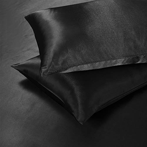 AiMay 3 Piece Satin Duvet Cover Set Bedding Sets Luxury Rich Silk Silky Super Soft Solid Color Reversible Zipper Closure Sexy Honeymoon Stain-Resistant Wrinkle Free (King, Black) AiMay