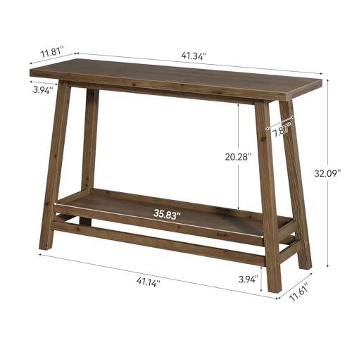 TRIBEWOOD 41.3" Farmhouse Console Table, Solid Wood Entryway Table with Storage Shelf, 2 Tiers of Narrow Behind Couch Sofa Furniture for Living Room, Hallway, Foyer, Easy Assembly, Brown TRIBEWOOD