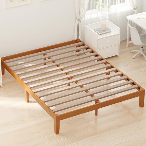 DUMOS Solid Wood Bed Frame, Full Size Bed Base with Wood Slat Support, Sturdy, Stylish & Noise-Free Design, No Box Spring Needed, Easy Assembly, 12 in Natural Pine DUMOS