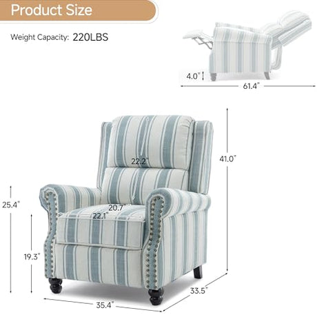 Blissabod Pushback Recliner Chair, Striped Fabric Wingback Recliner Chair, Upholstered Push Back Armchair Recliner, Single Sofa with Trim Wood Legs for Living Room (Blue) Blissabod