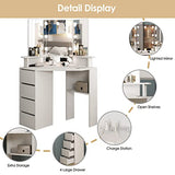 Vabches Corner Vanity Desk with Lighted Mirror & Power Strip,White Makeup Vanity Table with Lights,42 inch Corner Vanity Mirror with Lights and 4 Drawer, 3 Lighting Modes, Brightness Adjustable Vabches