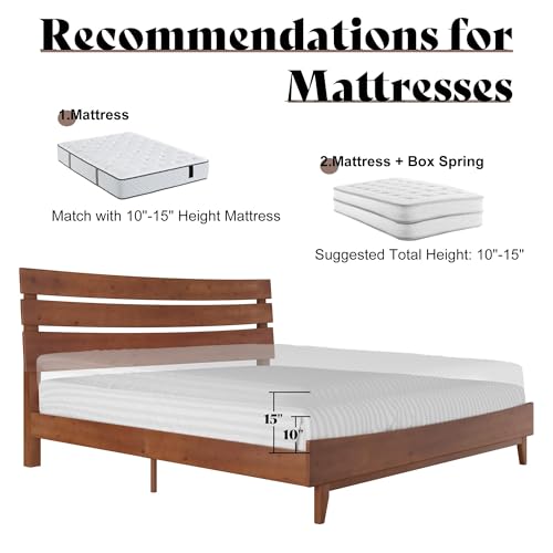 VanAcc Queen Size Solid Wood Bed Frame, Mid Century Platform Beds with Slatted Headboard, Wood Slat Support/No Box Spring Needed/Noise Free/Walnut VanAcc