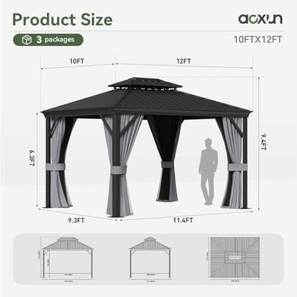 Aoxun 10' x 12' Hardtop Gazebo, Galvanized Steel Double Top, Aluminum Gazebo, Outdoor Metal Gazebo with Privacy Curtains and Mosquito Netting, for Parties, Gardens, Decks, Patios, Lawns