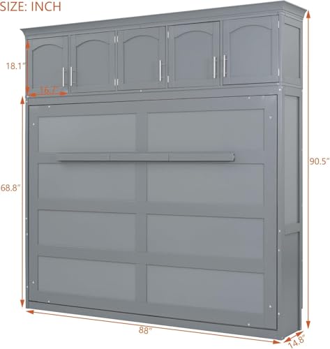 Virubi Queen Horizontal Murphy Bed with Storage Cabinet,Wood Folding Murphy Wall Bed for Adult (Grey,Queen) Virubi