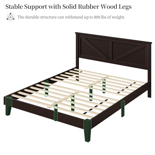 Yaheetech Wood Bed, Rubber Wood Platform Bed Frame with Headboard/Wood Slats, Farmhouse Style, No Box Spring Needed, Mattress Foundation, Noise-Free, Easy Assembly, Queen Size, Espresso Yaheetech