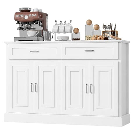 FACBOTALL Sideboard Buffet Cabinet with Storage, 55.1" Large Kitchen Storage Cabinet with 2 Drawers and 4 Doors, Farmhouse Coffee Bar for Kitchen Dining Room, White FACBOTALL