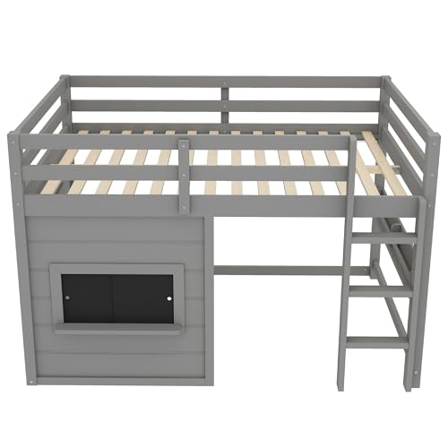 Bellemave Full Size Loft Bed for Kids with Sliding Chalkboard & Bookshelf, Sturdy Wooden Full Loft Bed Frame with Safety Guardrails, Space Saving Kids Loft Beds with Under-Bed Play Space, Grey Bellemave