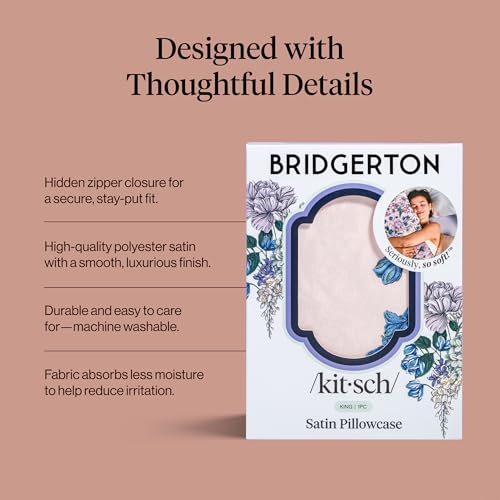 Bridgerton x Kitsch Satin Pillowcase with Zipper for Hair & Skin - Softer Than Silk Pillow Cases, Cooling Satin Pillow Case, Wrinkle-Free - King Size Satin Pillow Case (19x36) - Wisteria Kitsch