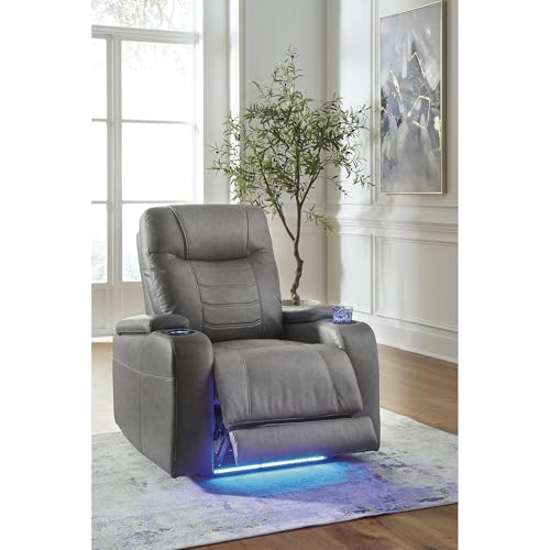 Signature Design by Ashley Schooner Rocks Power Recliner Chair, Faux Leather Upholstery with Adjustable Headrest, LED Cup Holders and Extended Ottoman for Home Theater Comfort