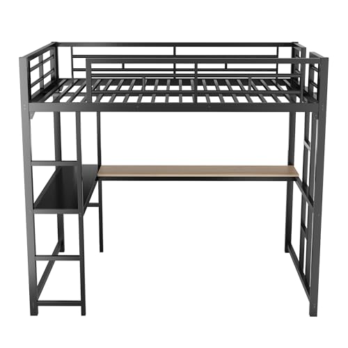 KMBOHE Full Size Loft Bed with Desk and Shelves, Metal Loft Bed with Ladder and Guardrails, Loft Bed Frame for Bedroom, Black KMBOHE