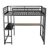 KMBOHE Full Size Loft Bed with Desk and Shelves, Metal Loft Bed with Ladder and Guardrails, Loft Bed Frame for Bedroom, Black KMBOHE