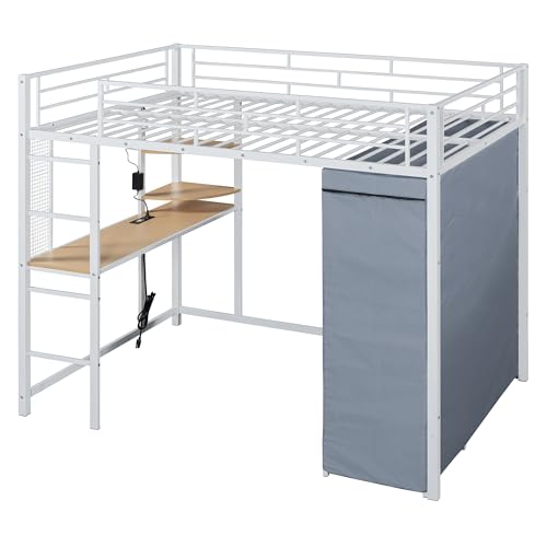 Harper & Bright Designs Loft Bed Full Size with Desk, LED Lights,Charging Station, Full Metal Loft Bed Frame with Wardrobe & Storage Shelve, 12.4" H Safety Guardrail, No Box Spring Needed,White Harper & Bright Designs