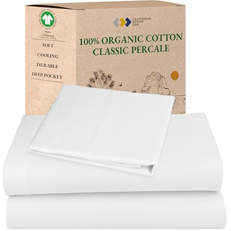 California Design Den Twin Sheets Set - Soft 100% Organic Cotton Sheets with Deep Pockets, Crisp Percale, Breathable and Durable Bedding Set - White California Design Den