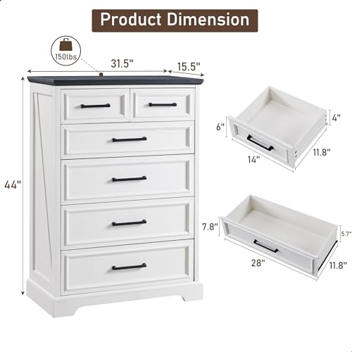 ACCOHOHO 6 Drawer Dresser, Farmhouse Chest of Drawers for Bedroom, 44" Tall Modern Dresser with Large Metal Handle, Wood Drawer Organizer for Living Room, Hallway, Closet - White ACCOHOHO