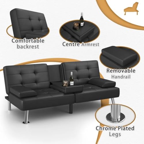 GUNJI Multi-Functional Faux Leather Futon Sofa Bed with Removable Armrests and Adjustable Sleeper Function, Double Cup Holder Design, Suitable for Living Room GUNJI