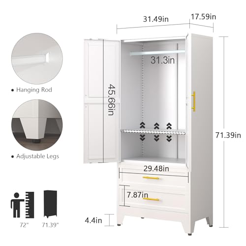 Anewome 71" Metal Armoire Wardrobe Closet with 2 Drawers, Freestanding 2-Door Tall Clothing Storage with Adjustable Shelves and Hanging Rod for Bedroom Dorm, White Anewome