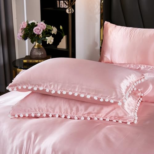Bedorm Pink Satin Comforter Set 10 Pcs White Pom Pom Bedding Set Queen Size Super Soft Smooth Silk Like Silky Comforter Queen Bed in A Bag with Comforter & Sheet Set & Pillowcase & Bed Skirt Bedorm