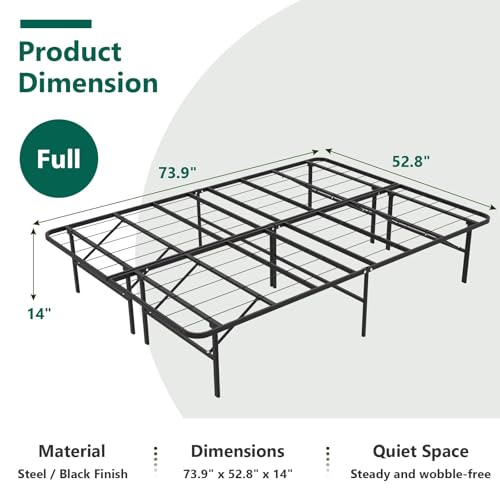 FurniEdge Full Size Folding Bed Frame, Heavy Duty Full Metal Platform with 14" Underbed Storage, Easy Tool-Free Assembly, No Box Spring Needed FurniEdge
