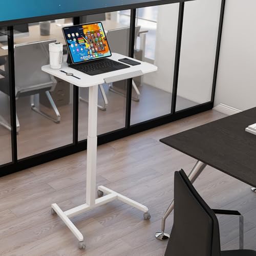 PUNCIA 90°Tiltable Small Standing Desk with Stoppers Mobile Rolling Laptop Table on Wheels Pneumatic Adjustable Height Computer Workstation Stand Up Cart Bedside Overbed Table for Home Office White PUNCIA
