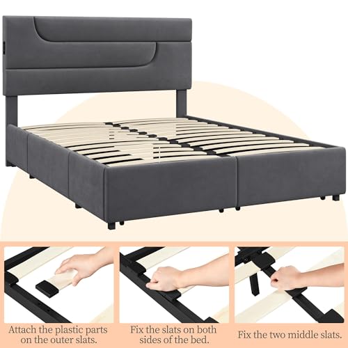 Yaheetech Dark Gray Upholstered Queen Bed Frame with USB Charging and 4 Storage Drawers Yaheetech
