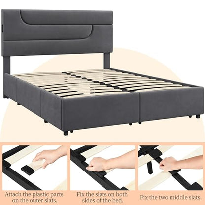 Yaheetech Queen Bed Frame Upholstered Platform Bed with USB Charging Station/4 Storage Drawers/Streamlined Headboard/Mattress Foundation/No Box Spring Needed/Strong Wooden Slats, Dark Gray Queen Bed