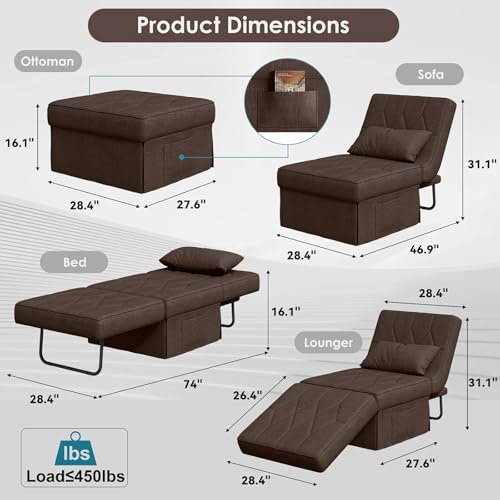 DSNAPE Convertible Sofa Bed with 5-Level Adjustable Backrest, 74" D x 28" W 4-in-1 Folding Ottoman Sleeper Chair Bed, Modern Single Futon Couch for Living Room Apartment Dorm Small Space, Dark Brown DSNAPE